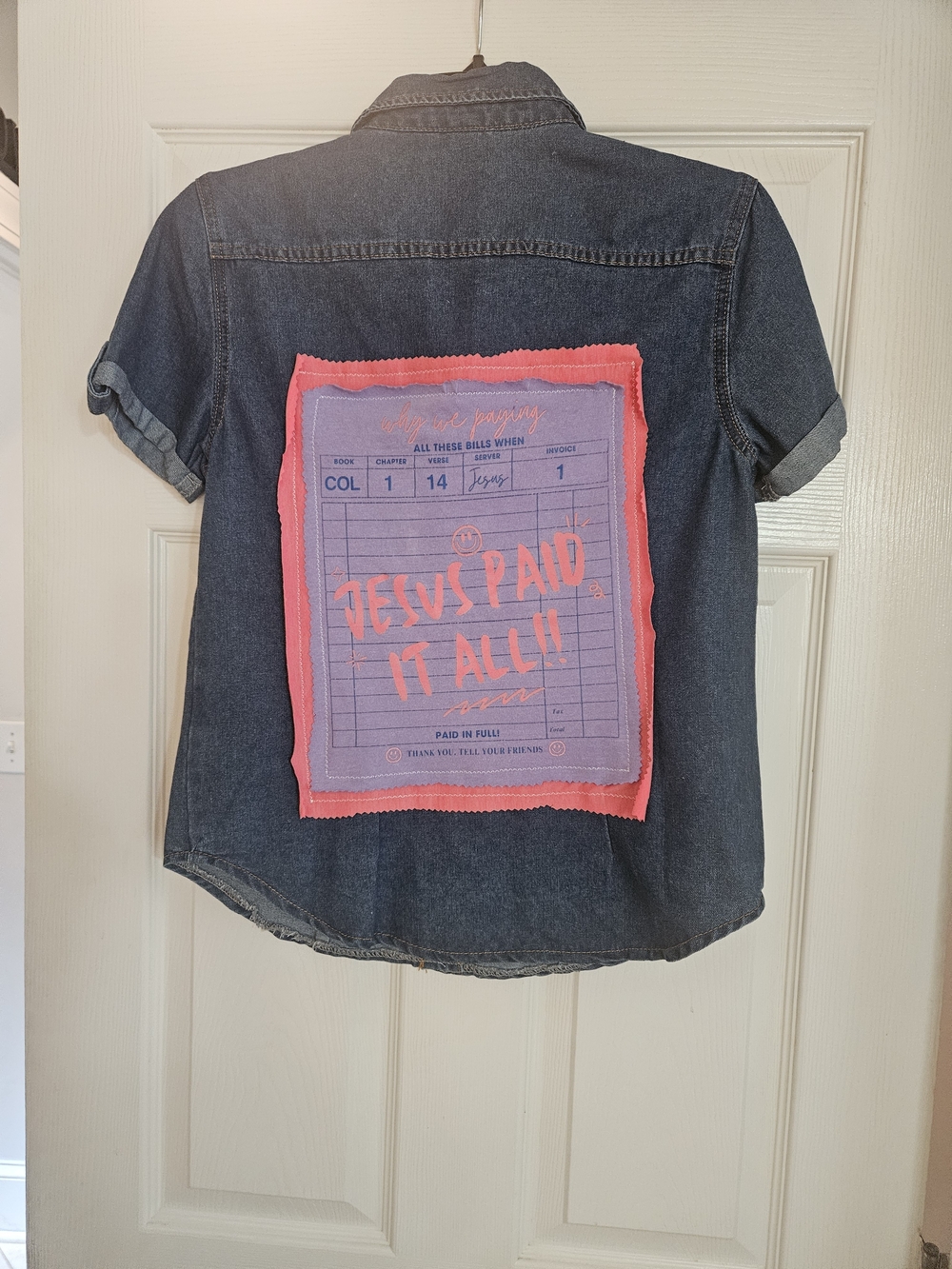 Upcycled Jesus Paid It ALL Denim Short Sleeve Shirt with Pink & Lavender Patch